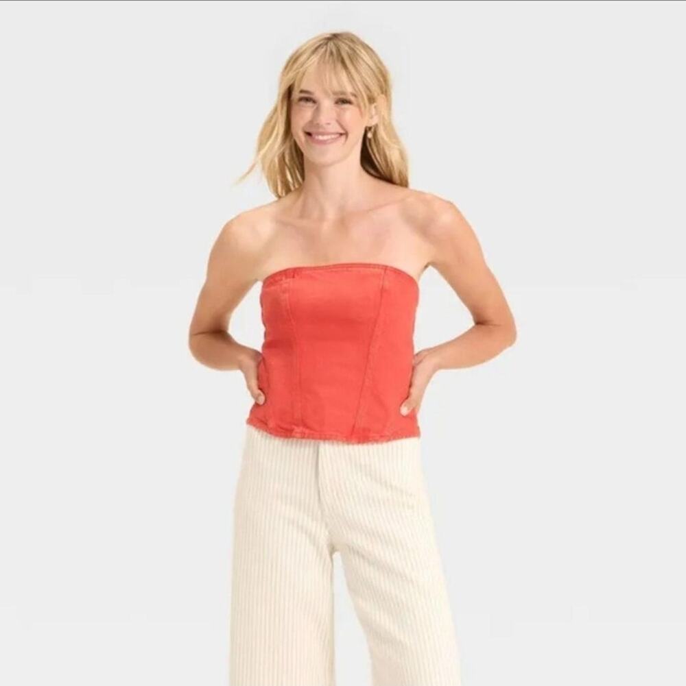Universal Thread Red Denim Tube Top Strapless Corset Zip Back Size 8 NWT